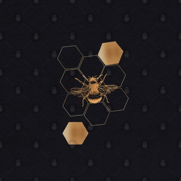 Gold Honey bee with hexagon on navy by CharlieCreates